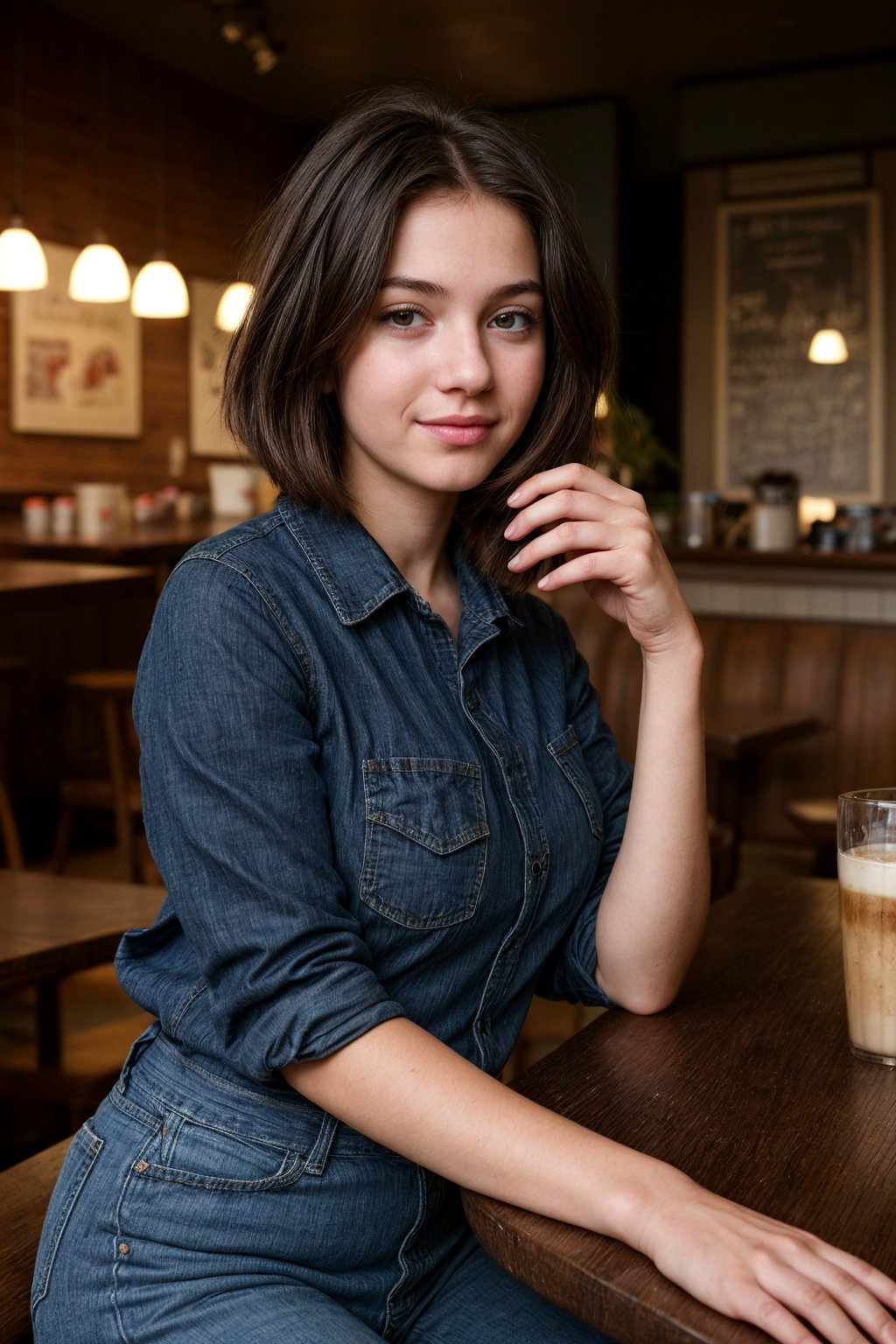 A photorealistic portrait of an 18-year-old girl with captivating beauty, her hair styled in a chic bob and dyed a mesmerizing blue, dressed in a simple black shirt and jeans that highlight her natural beauty. Big tits. The background should depict a relaxed coffee shop setting, with soft lighting, comfortable seating, and people enjoying their coffee and conversation. The girl's expression should be one of peace and contentment, showcasing her enjoyment of the moment.

,SD 1.5