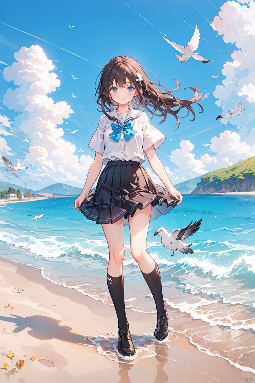 1girl, aircraft, airplane, animal, beach, bird, black_skirt, blue_bow, blue_sky, boat, bow, bowtie, brown_hair, cloud, cloudy_sky, copyright_name, crow, day, dolphin, dove, feathers, fighter_jet, fisheye, floating_hair, flock, flying, horizon, lake, long_hair, looking_at_viewer, mountain, ocean, outdoors, pleated_skirt, school_uniform, seagull, ship, shirt, shoes, skirt, sky, smile, solo, standing, standing_on_liquid, warship, water, watercraft, waves, white_feathers, white_shirt, wind, wind_lift