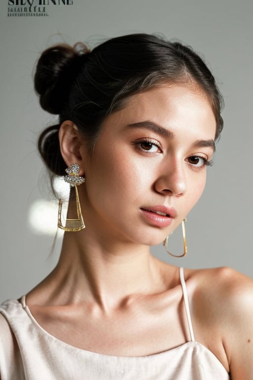 A detailed portrait of a young woman exuding elegance and natural grace. She has a voluminous updo hairstyle with wisps of hair tenderly framing her face. Her hazel eyes are accentuated by tasteful makeup, with a few light freckles across her nose and cheeks. She wears a high-necked black top, suggesting a blend of casual refinement. The lighting should illuminate her face against a subdued background, emphasizing her calm and confident expression. High Fashion, dynamic, dramatic, elegant, High fashion Vogue cover Dramatic photography, supermodel, avant garde style,naura_ayu,4manda