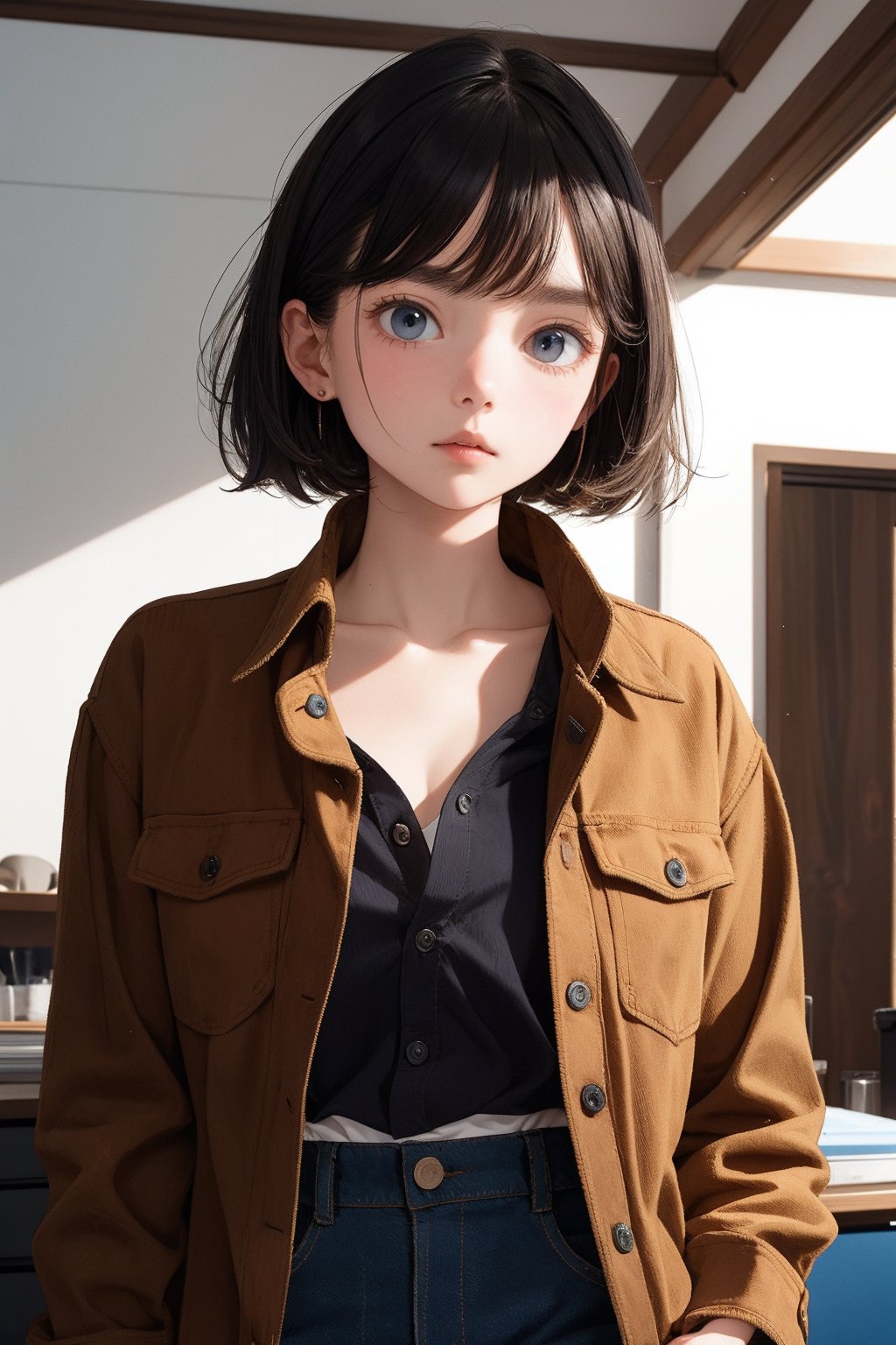 The inner shirt is visible between the buttons of a corduroy jacket that has been removed.She is looking somewhere in the room with a downcast gaze.