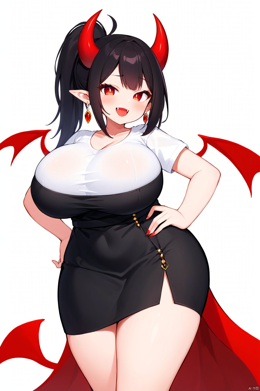 1girl, black_dress, black_hair, black_horns, black_skirt, black_tail, breasts, demon_girl, demon_tail, dress, earrings, gigantic_breasts, gold_earrings, hand_on own hip, horns, jewelry, long_hair, pointy_ears, ponytail, red_eyes, shirt, skirt, tail, thighs, white_background, white_shirt , Odd Kisuu style, Fangs out