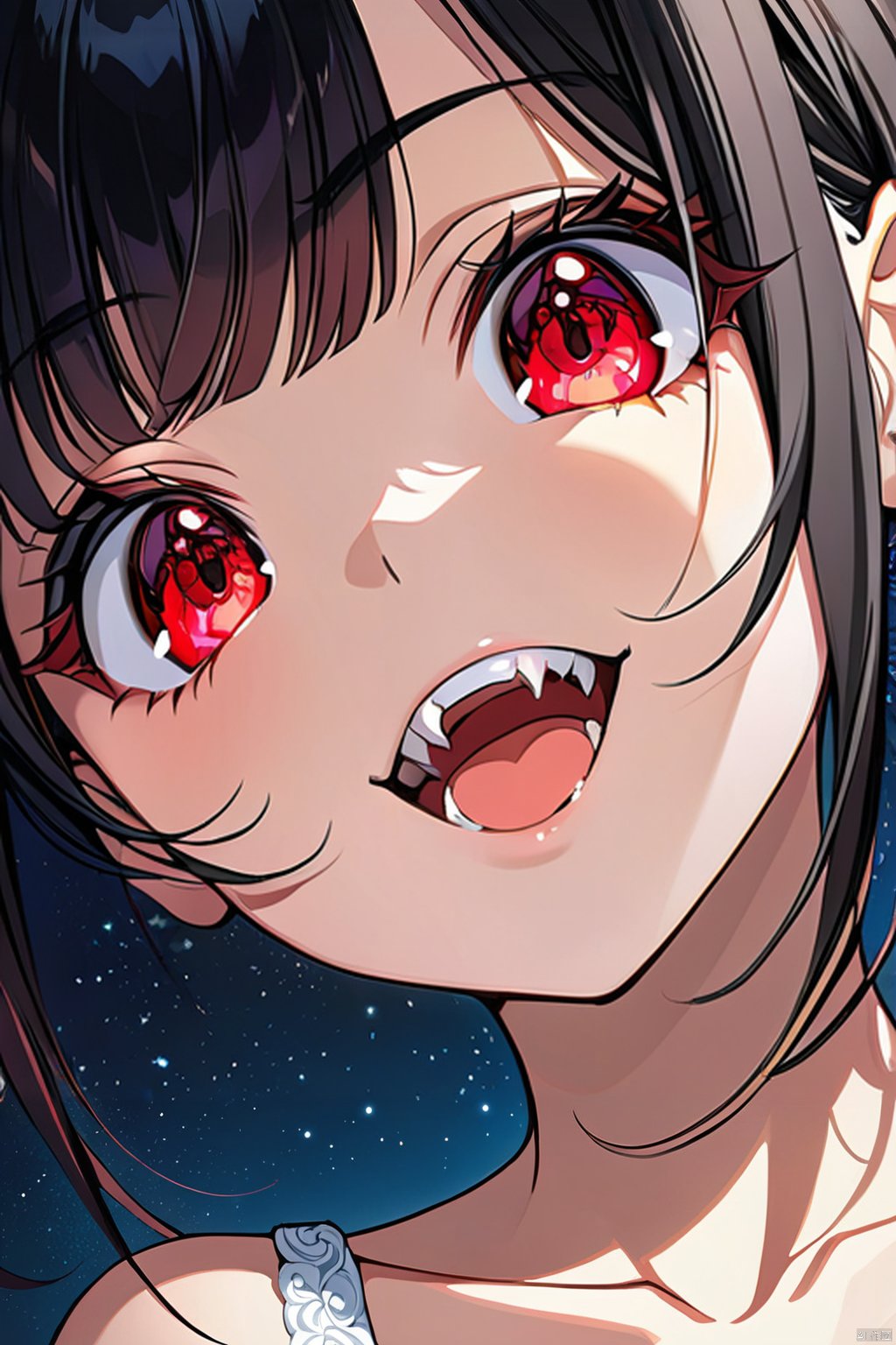 fangs_out_xl, 1girl, solo, long hair, dress, white dress, black hair, collarbone, bare shoulders, bangs, looking at viewer, eyebrows visible through hair, bare arms,sleeveless, red eyes,  colored eyelashes,
from below, night sky, night, star \(sky\), close-up,
intricate detail, cinematic lighting, amazing quality, amazing shading, detailed Illustration, official artwork, wallpaper, official art,
(masterpiece, best quality:1.2), extremely detailed face and eyes, beautiful detailed eyes,
, Fangs out