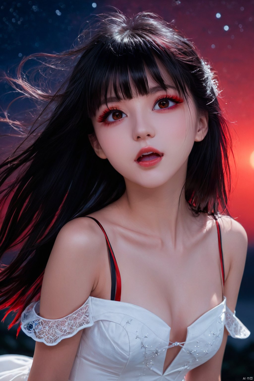 fangs_out_xl, 1girl, solo, long hair, dress, white dress, black hair, collarbone, bare shoulders, bangs, looking at viewer, eyebrows visible through hair, bare arms,sleeveless, red eyes,  colored eyelashes,
from below, night sky, night, star \(sky\), close-up,
intricate detail, cinematic lighting, amazing quality, amazing shading, detailed Illustration, official artwork, wallpaper, official art,
(masterpiece, best quality:1.2), extremely detailed face and eyes, beautiful detailed eyes,
, Fangs out