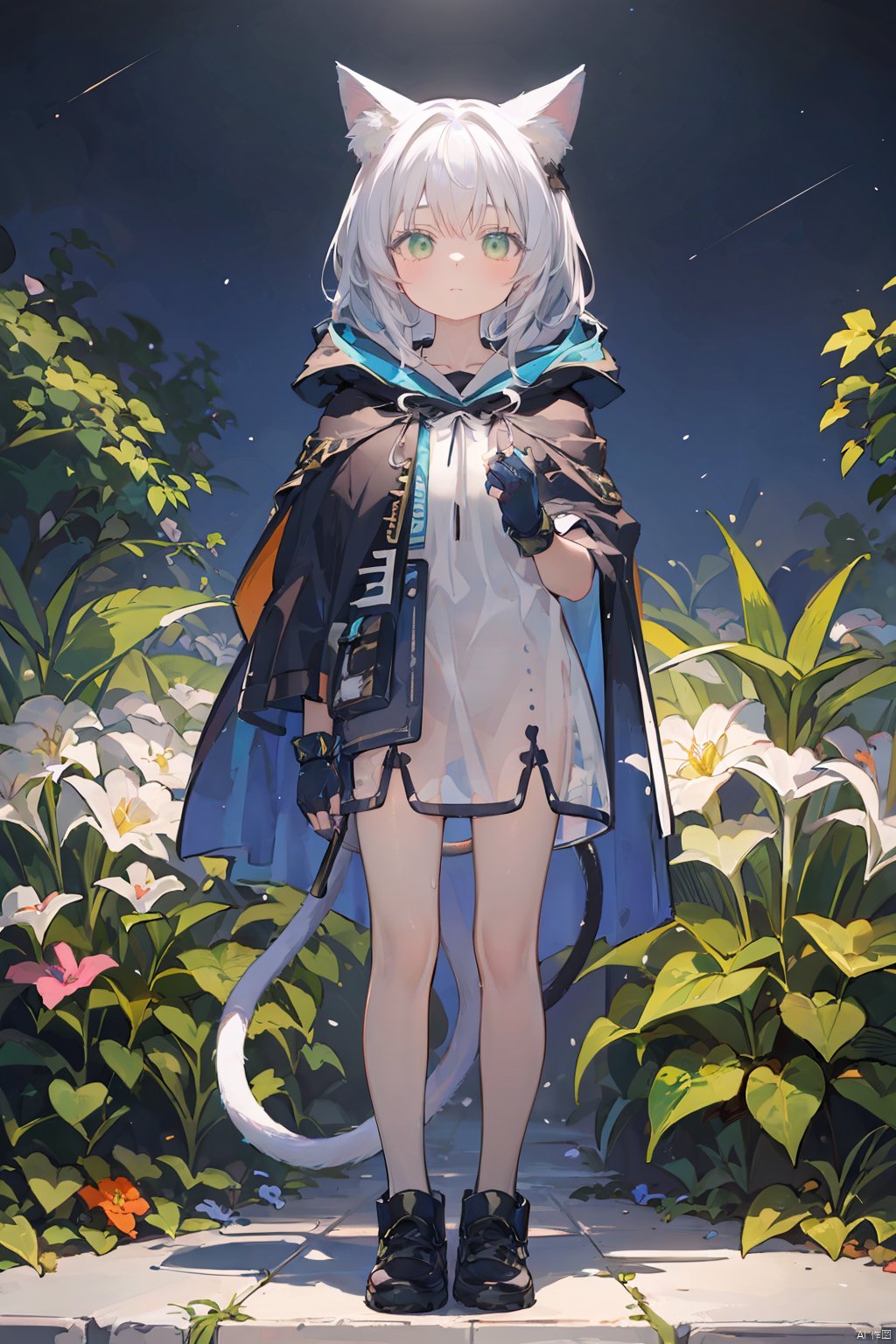 rosmontis, 1girl, animal ears, green eyes, long hair, cat ears, gloves, fingerless gloves, dress, looking at viewer, holding, black gloves, earpiece, grey hair, cat girl, cat tail, white dress, tail, animal ear fluff, bangs, hood down, closed mouth, hood, cloak, open clothes, Expressionless, portrait,full body, standing, garden, Thick coating,night sky