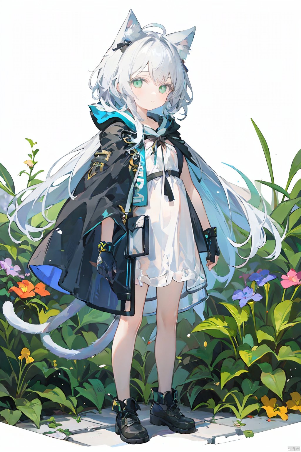 rosmontis, 1girl, animal ears, green eyes, long hair, cat ears, gloves, fingerless gloves, dress, looking at viewer, holding, black gloves, earpiece, grey hair, cat girl, cat tail, white dress, tail, animal ear fluff, bangs, hood down, closed mouth, hood, cloak, open clothes, Expressionless, portrait,full body, standing, garden, Thick coating