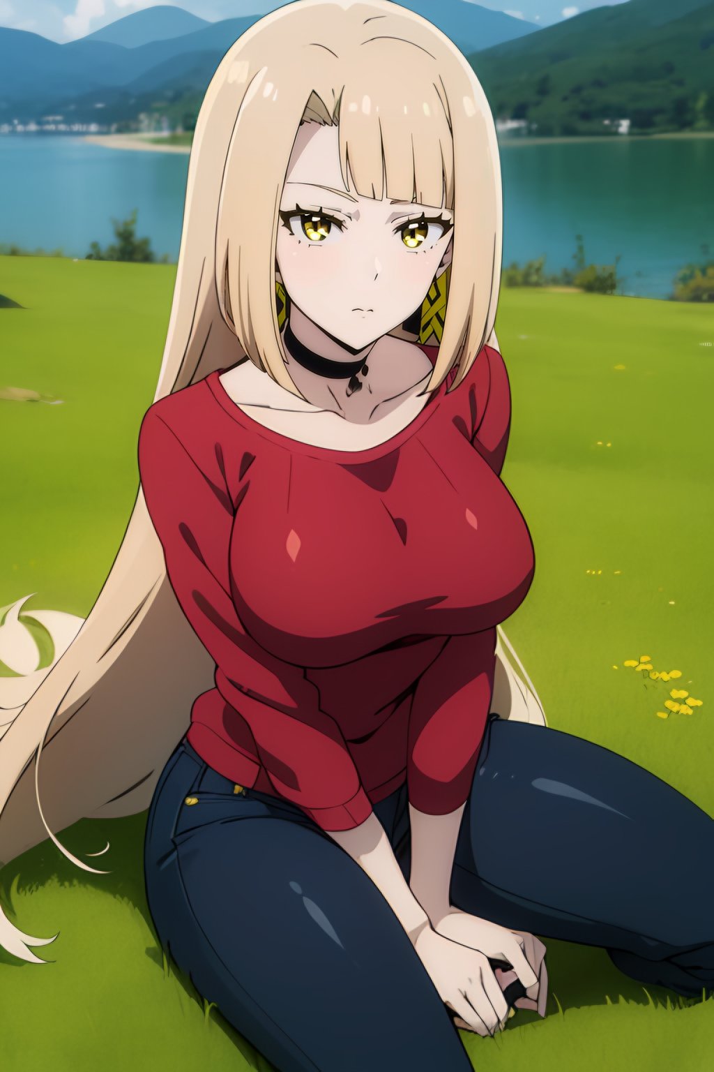 <lora:Lorraine Vivier:0.7> lorraine vivie, 1girl, blonde_hair, long_hair, solo, yellow_eyes, bangs, earrings, black_choker, large_breasts, breasts ,   sitting on grass by a lake, wearing a red pullover, wearing jeans, looking at viewer, best_quality, highres, extremely_detailed, anime perfect detailed style, 8k, masterpiece, anime art style, anime coloring,