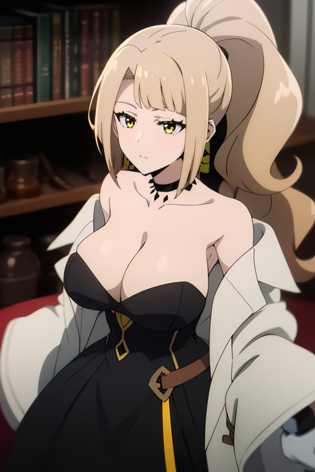 <lora:Lorraine Vivier:0.7> lorraine vivie, 1girl, blonde_hair, long_hair, solo, yellow_eyes, bangs, earrings, black_choker, large_breasts, breasts  ,    collarbone, cleavage, dress, gloves, bare_shoulders, ponytail, cowboy shot, best_quality, highres, extremely_detailed, anime perfect detailed style, 8k, masterpiece, anime art style, anime coloring,