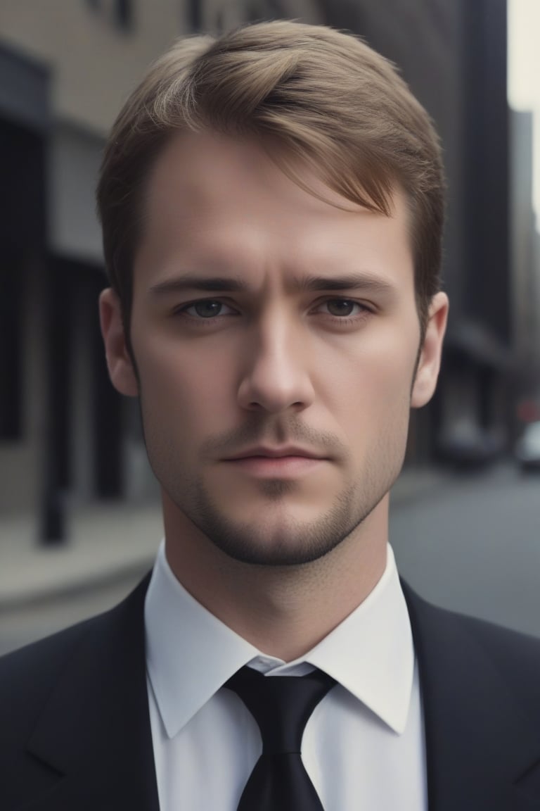 kyle_hyde, photograph, realistic, 1man, face portrait, looking at viewer, formal black suit, white collared shirt, black necktie, serious face, city street, analog photograph, professional fashion photoshoot, hyperrealistic, masterpiece, kyle_hyde