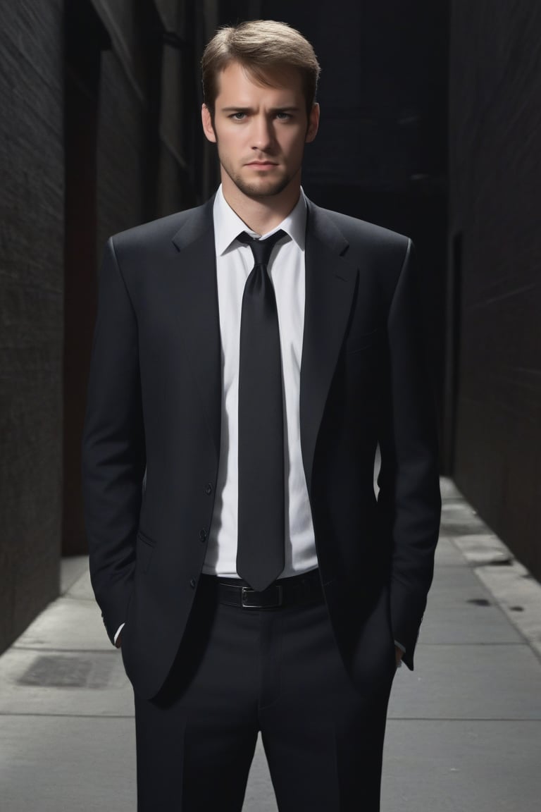 kyle_hyde, photograph, realistic, 1man, full body, looking at viewer, formal black suit, white collared shirt, black necktie, serious face, dark alley, analog photograph, professional fashion photoshoot, hyperrealistic, masterpiece, kyle_hyde