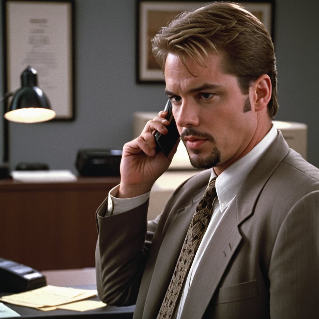 kyle_hyde, movie scene, scene from 90s detective movie, 1man, upper body, side view, holding phone, office in background