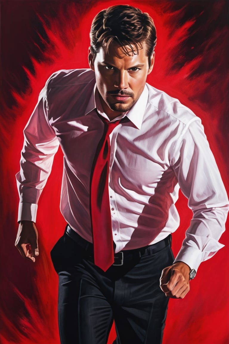 A handsome male detective, enveloped in scarlet light and Crimson Wash, white collared shirt, chasing the killer, acion scene, dynamic pose, scene from thriller movie --style raw ,kyle_hyde