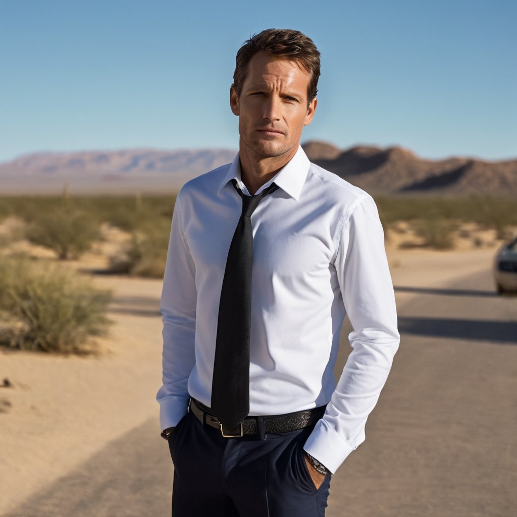 movie scene, 1man, upper body, side view, looking at viewer, hands in pockets, blue jacket, white collared shirt, black necktie, blurry background of desert, handsome man, highly detailed, best quality, insanely detailed, lush detail, Sharp focus, insane details, intricate details, natural skin texture, realistic skin