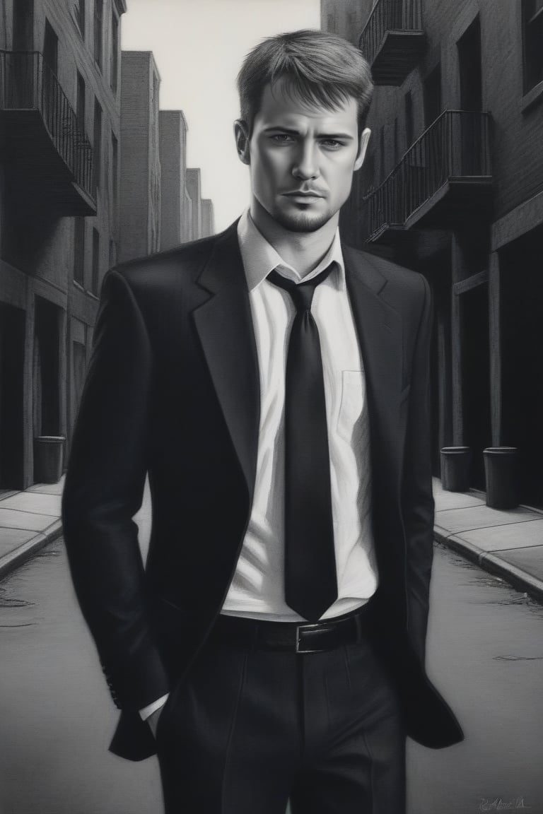 kyle_hyde, pencil drawing, 1man, formal black suit, white collared shirt, black necktie, black pants, hands in pockets, dark city street, noir style, analog photograph, professional fashion photoshoot, hyperrealistic, masterpiece, dark alley, kyle_hyde