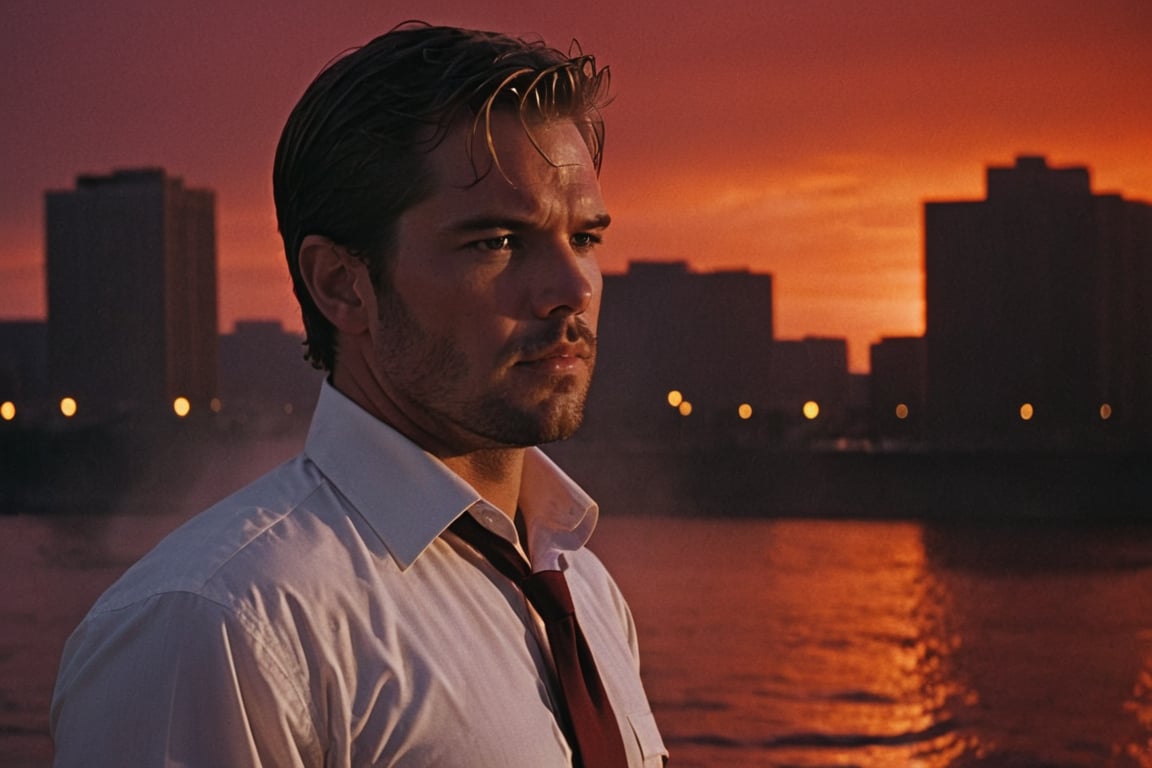 A handsome male detective, enveloped in Sunset Drama and a Crimson Wash, exuding Turbulent Serenity, directed towards a Vanishing Point, all under the Storm’s Breath, wet white collared shirt, wet body, romantic, scene from detective movie, city lights in background --style raw ,kyle_hyde