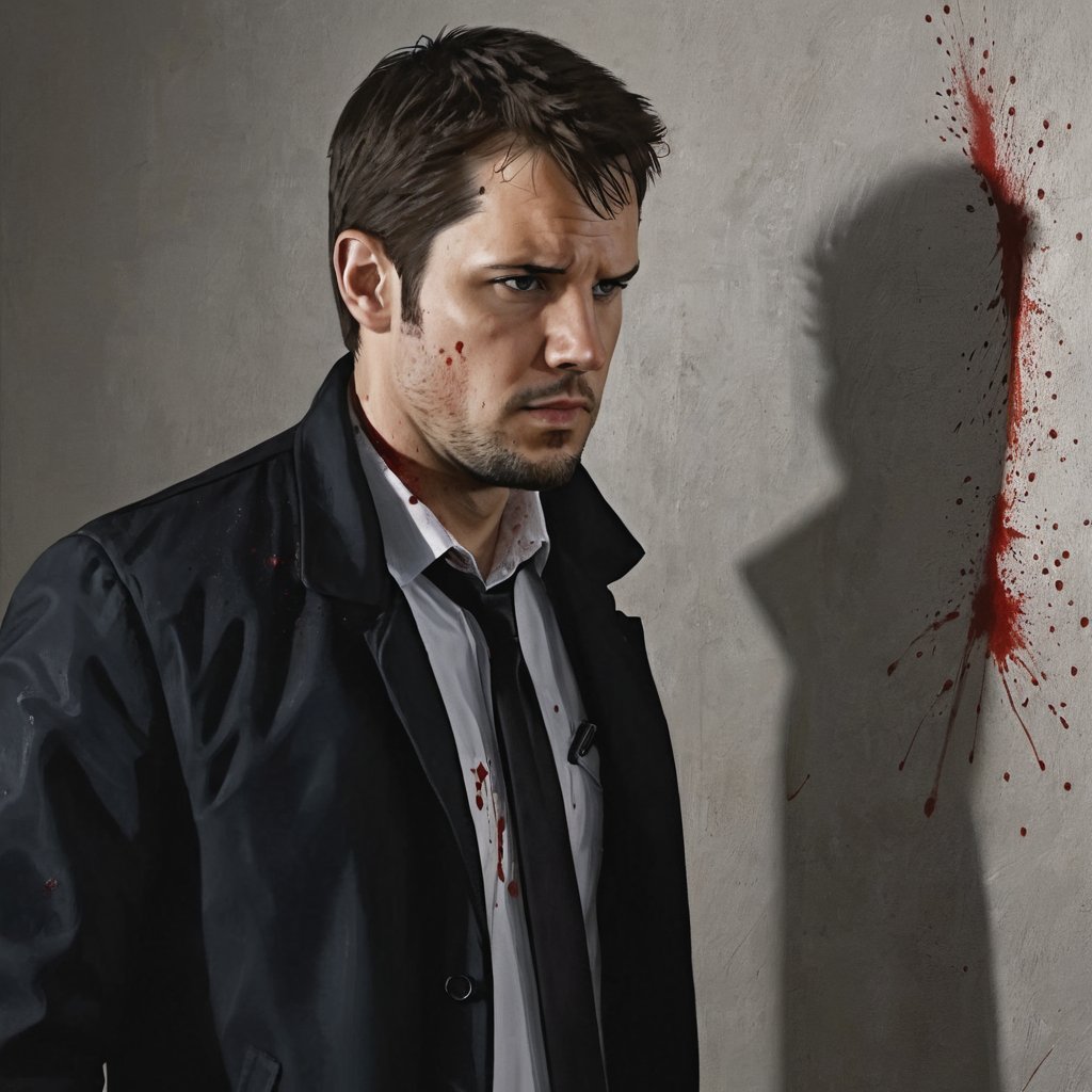 photorealistic, photograph, 1man, upper body, side view, looking at viewer, collared shirt,  black jacket, investigating crime scene, blood splatter on the wall, kyle_hyde