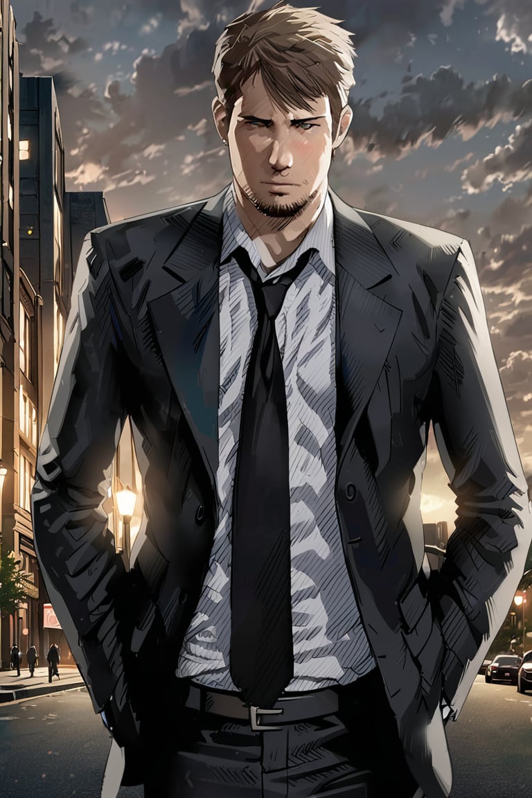 kyle_hyde, realistic image, 1man, upper body, formal black suit, white collared shirt, black necktie, hands in pockets, detailed image, handsome man, high quality anime image, ((masterpiece)), ((best quality)), extremely detailed CG unity 8k wallpaper, Official Art, kyle_hyde,man