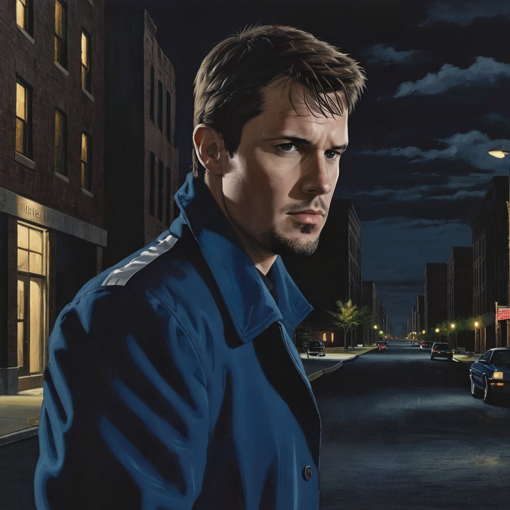 photorealistic, 1man, upper body, side view, looking at viewer, blue jacket, dark city street, kyle_hyde