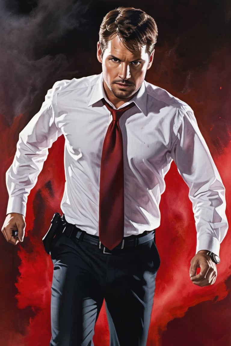 A handsome male detective, enveloped in scarlet light and Crimson Wash, white collared shirt, chasing the killer, acion scene, dynamic pose, scene from thriller movie --style raw ,kyle_hyde
