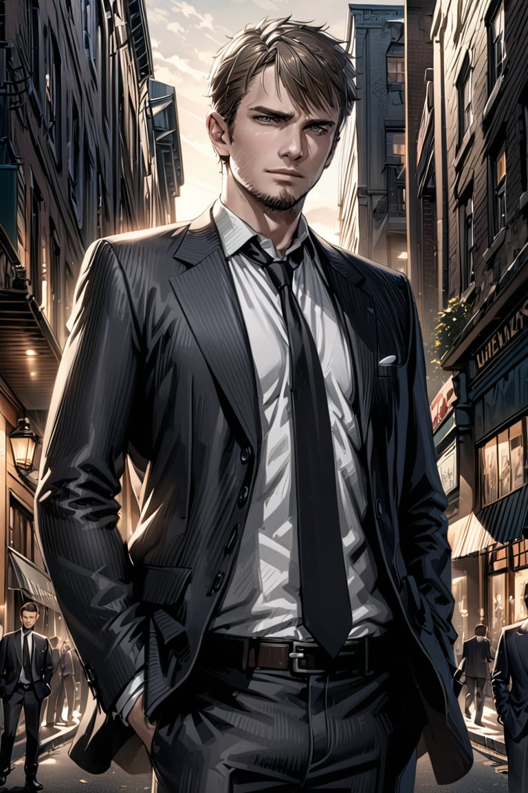 kyle_hyde, realistic image, 1man, upper body, formal black suit, white collared shirt, black necktie, hands in pockets, detailed image, handsome man, high quality anime image, ((masterpiece)), ((best quality)), extremely detailed CG unity 8k wallpaper, Official Art, kyle_hyde,man