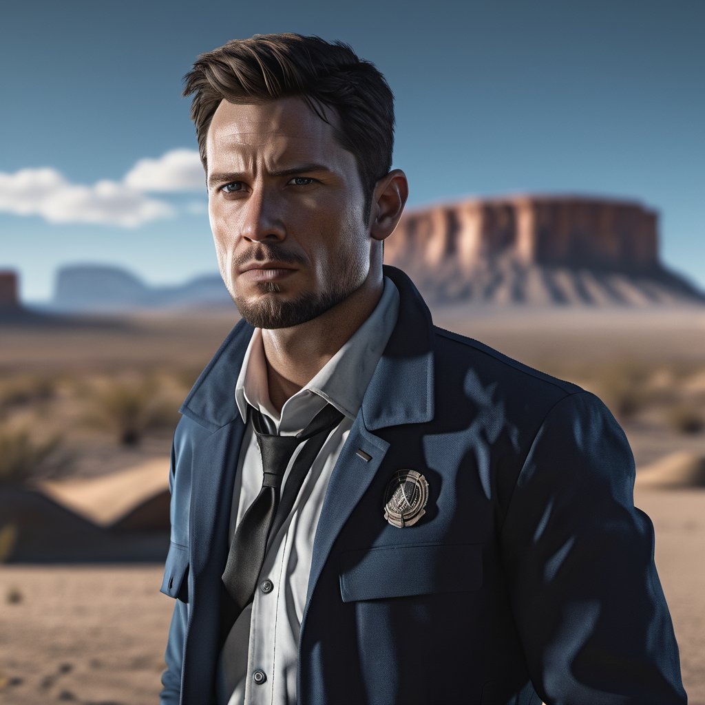 photograph, 1man, upper body, side view, looking at viewer, hands in pockets, blue jacket, white collared shirt, black necktie, blurry background of desert, trapper photography, digital art, 8k, future, Cinematic, Photography, Ultra - Wide Angle, Depth of Field, hyper - detailed, insane details, intricate details, beautifully color graded, Unreal Engine 5, Cinematic, Photoshoot, Shot on 25mm lens,kyle_hyde
