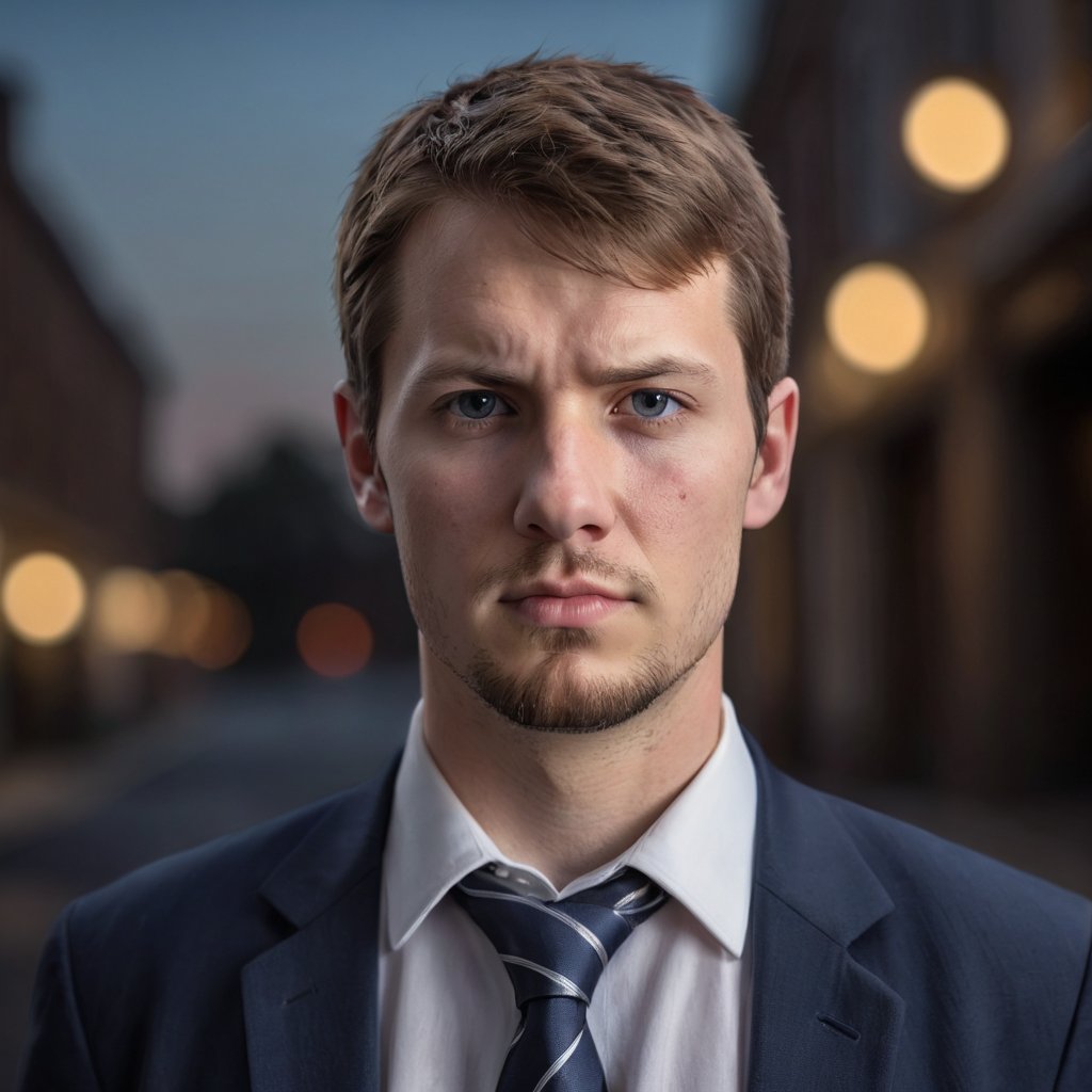 kyle_hyde, photorealistic, 1man, upper body, looking at viewer, blue jacket, white collared shirt, black necktie, Intricately detailed, piercing eyes, His furrowed brow signifies deep thought and contemplation, high quality photography, flash with softbox, 4k, Canon EOS R3, hdr, smooth, sharp focus, high resolution, award winning photo, 80mm, f2.8, bokeh