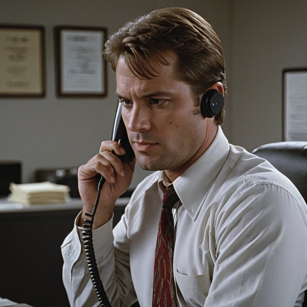scene from movie, scene from 90s thriller movie, 1man, face portrait, side view, holding phone with cord, in an office, kyle_hyde