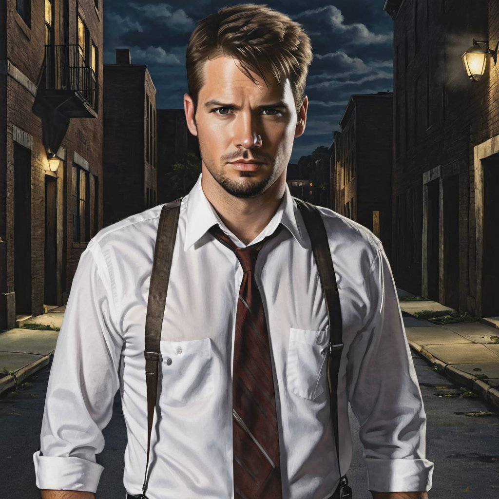 kyle_hyde, pphotorealistic, 1man, face portrait, holding gun, looking at viewer, white collared shirt, suspenders, dark alley