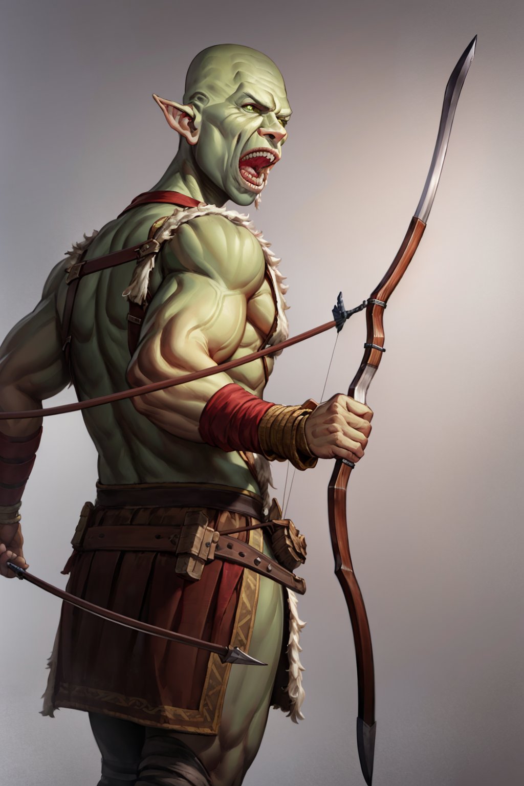 Javier_Charro_style_lora_by_niolas, solo, open mouth, 1boy, holding, weapon, male focus, teeth, pointy ears, holding weapon, armor, colored skin, bow (weapon), arrow (projectile), bald, green skin, quiver, orc<lora:EMS-310820-EMS:0.600000>