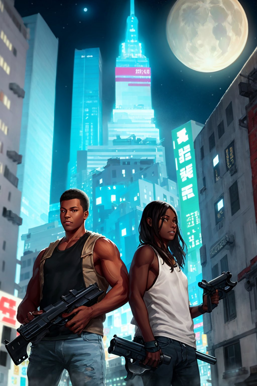 Javier_Charro_style_lora_by_niolas, 1girl, long hair, brown hair, black hair, holding, weapon, multiple boys, dark skin, 2boys, armor, gun, night, moon, tank top, building, full moon, handgun, science fiction, city, skyscraper, cyberpunk<lora:EMS-310820-EMS:0.600000>