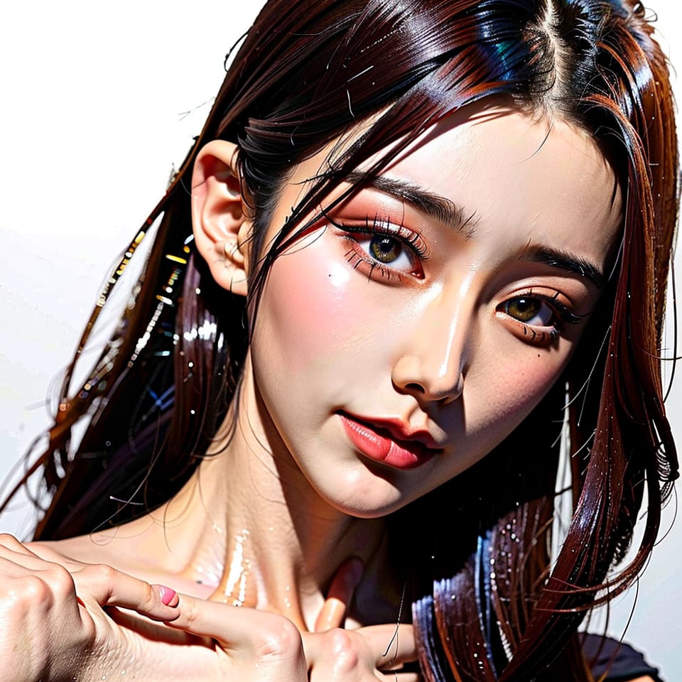 fashion photoshoot of an beautiful korean woman, model, skin care, solid stark white background, 8k, realistic, hyper realistic human, realistic pores on face, realistic human skin texture, uhd image,Seolah,cwkntik24 ,chinatsumura,Young beauty spirit ,Extremely Realistic,