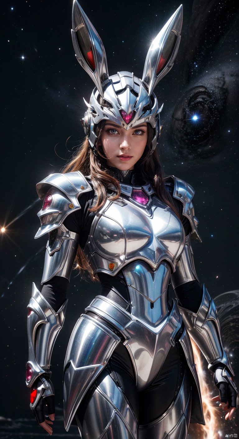  masterpiece,best quality,extremely high detailed,intricate,8k,HDR,wallpaper,cinematic lighting,(universe:1.4),Silver armor,glowing eyes,anthropomorphic rabbit mecha,red jewel, Armor inlaid with gemstones,xiaowu, Optimistic Detail