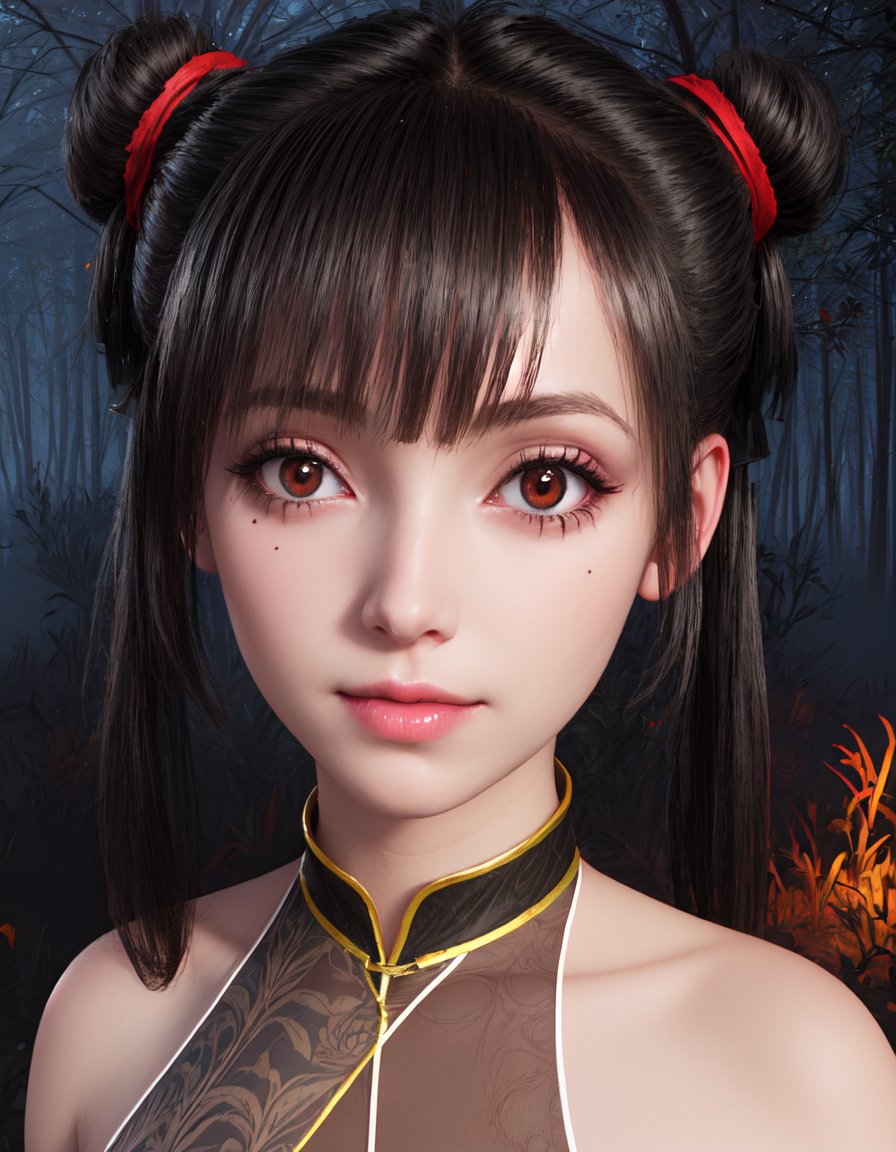 HD, extremely detailed, 8k, insane details, hyperdetailed, ((best quality:1.2)),(highly detailed:1.1), masterpiece, detailed face, beautiful face, <lora:lora:1.2> SpiderXiaoZhu, 1 girl, slim body, black hair, double bun, hair bun, facial mark, mole, mole under eye, wide cheeks, twintails, long hair, blunt bangs, [hair ribbon], (((sidelocks:1.3))), red eyes, thick eyebrows, makeup, smooth lipstick, red lips, small breasts, (((teenager:1.3))), looking at viewer, pale skin, standing, smile, bare shoulders, china dress, chinese clothes, sleeveless dress, (((black clothes:1.3))), see-through, see-through cleavage, design on black attire, elbow gloves, black gloves, claws, long fingernails, detached sleeves, black sleeves, choker, jewelry, cleavage, arthropod girl, monster girl, spider girl, close up, cowboy shot, upper body, night, forest background, tree, lantern, <lora:add_detail:0.5> <lora:more_details:0.5>  3d, ((realistic:1.2)), textured skin, photorealistic