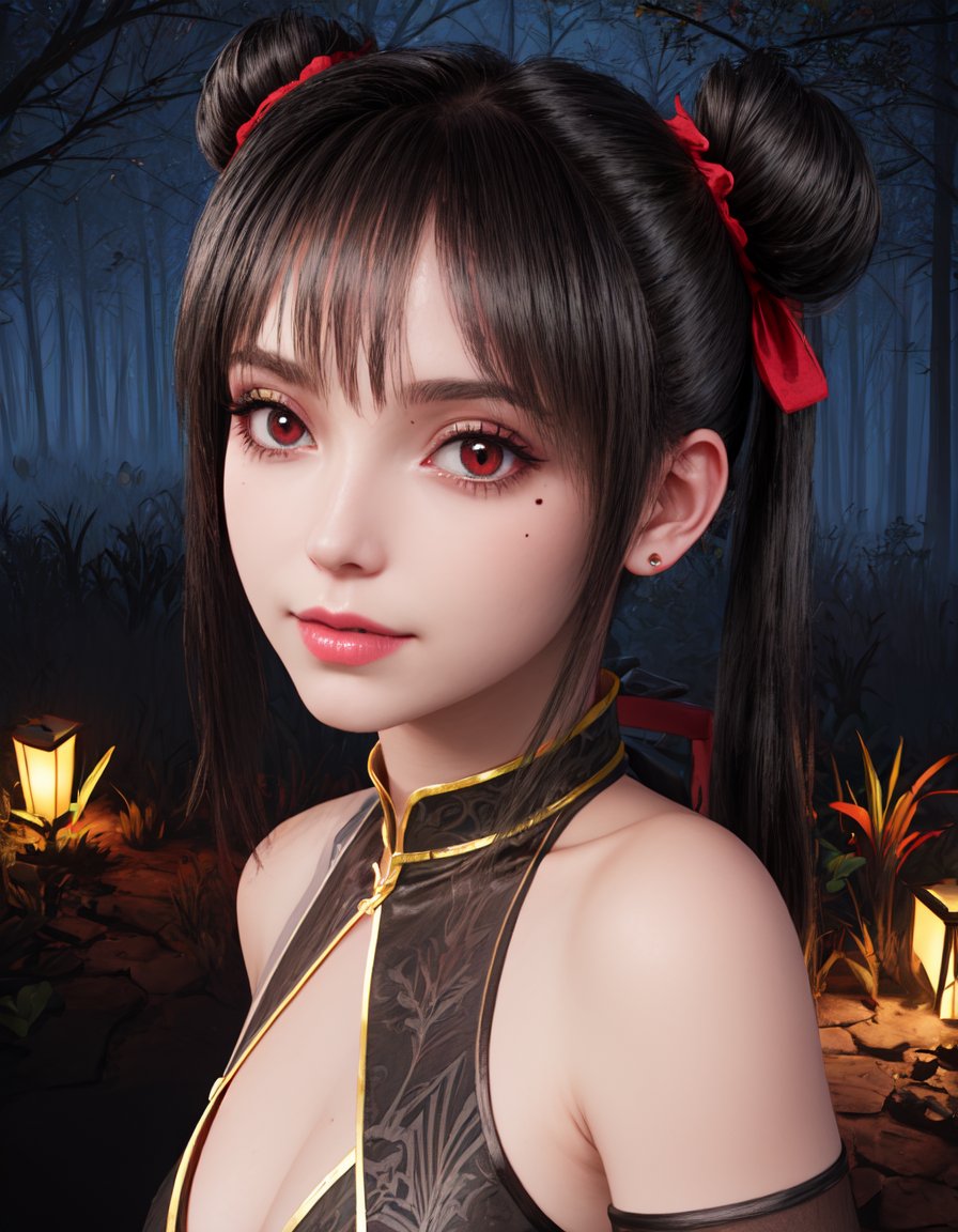 HD, extremely detailed, 8k, insane details, hyperdetailed, ((best quality:1.2)),(highly detailed:1.1), masterpiece, detailed face, beautiful face, <lora:lora:1.2> SpiderXiaoZhu, 1 girl, slim body, black hair, double bun, hair bun, facial mark, mole, mole under eye, wide cheeks, twintails, long hair, blunt bangs, [hair ribbon], (((sidelocks:1.3))), red eyes, thick eyebrows, makeup, smooth lipstick, red lips, small breasts, (((teenager:1.3))), looking at viewer, pale skin, standing, smile, bare shoulders, china dress, chinese clothes, sleeveless dress, (((black clothes:1.3))), see-through, see-through cleavage, design on black attire, elbow gloves, black gloves, claws, long fingernails, detached sleeves, black sleeves, choker, jewelry, cleavage, arthropod girl, monster girl, spider girl, close up, cowboy shot, upper body, night, forest background, tree, lantern, <lora:add_detail:0.5> <lora:more_details:0.5>  3d, ((realistic:1.2)), textured skin, photorealistic