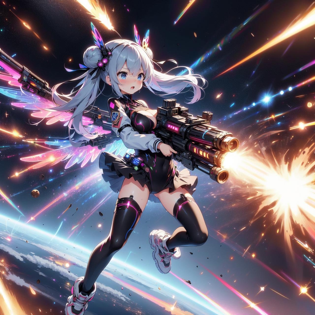 (((masterpiece))), (((best quality))), (((full body))), (((dual wielding twin buster rifle))), (((gatling gun))), (((huge beam impact))), (((firing))), (((glowing))), (((power)), (((electricity))), colorful mechanical wings, black tight suit, miniskirt, leggings, flying, space, earth \(planet\), (((planet))), solo, 1girl, (((big tits))), black twin bun hair, hairclip, ribbon, open mouth, sweat, shy, blush, ((slim figure)),  <lora:girllikebusterrifle:1>