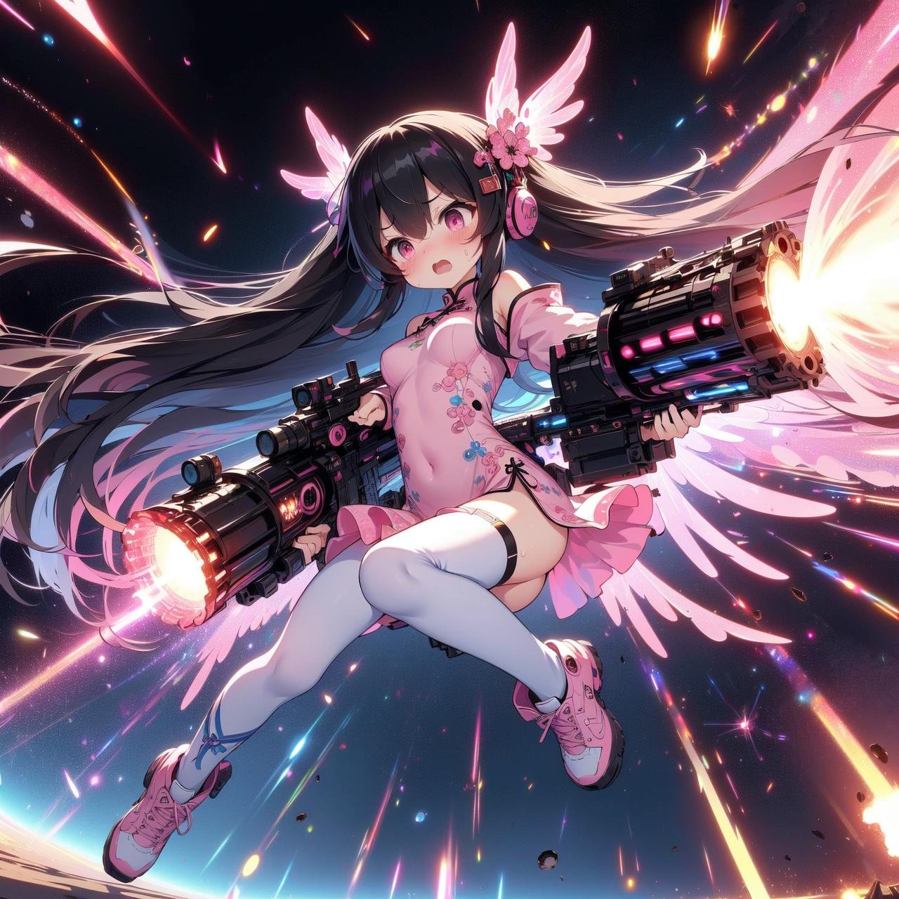 (((masterpiece))), (((best quality))), (((flying in space))), (((full body))), (((from below))), (((dual wielding twin buster rifle))), (((gatling gun))), (((colorful huge beam impact))), (((firing))), (((glowing))), (((power)), (((electricity))), (colorful mechanical wings), (((pink qipao tight suit))), ((off shoulder)), miniskirt, ((leggings)), earth \(planet\),  (((planet))), solo, 1girl, ((big tits)), black very long hair, hairclip, ribbon, open mouth, sweat, shy, blush, ((slim figure)), <lora:girllikebusterrifle:1>