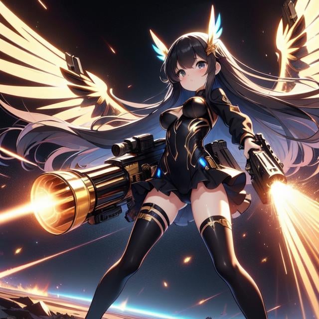 (((masterpiece))), (((best quality))), (((from below))), (((dual wielding twin buster rifle))), (((gatling gun))), (((huge beam impact))), (((firing))), (((glowing))), (((power)), (((electricity))), ((golden mechanical wings)), ((black tight suit)), miniskirt, leggings, flying, space, earth, solo, 1girl, ((big tits)), black very long hair, hairclip, ribbon, sweat, shy, blush, slim figure,  <lora:girllikebusterrifle:1>