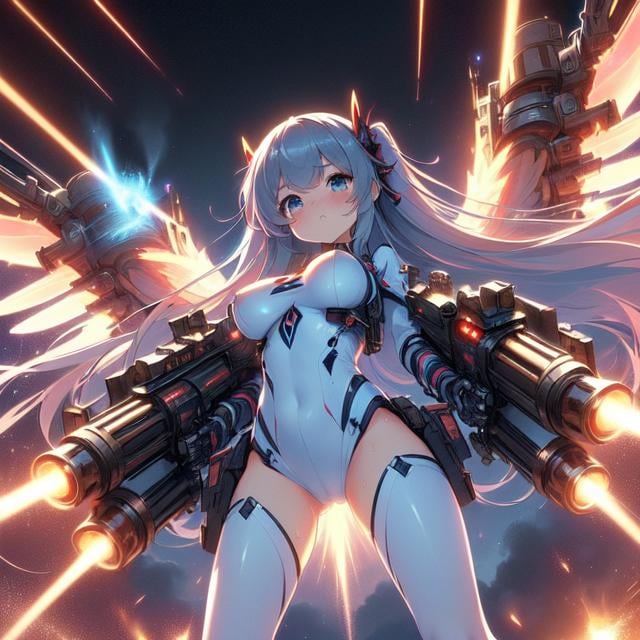 (((masterpiece))), (((best quality))), (((from below))), (((dual wielding twin buster rifle))), (((gatling gun))), (((huge beam impact))), (((firing))), (((glowing))), (((power)), (((electricity))), (((mechanical wings))), ((tight suit)), miniskirt, leggings, flying, space, earth, solo, 1girl, ((big tits)), very long hair, hairclip, ribbon, sweat, shy, blush, slim figure,  <lora:girllikebusterrifle:1>