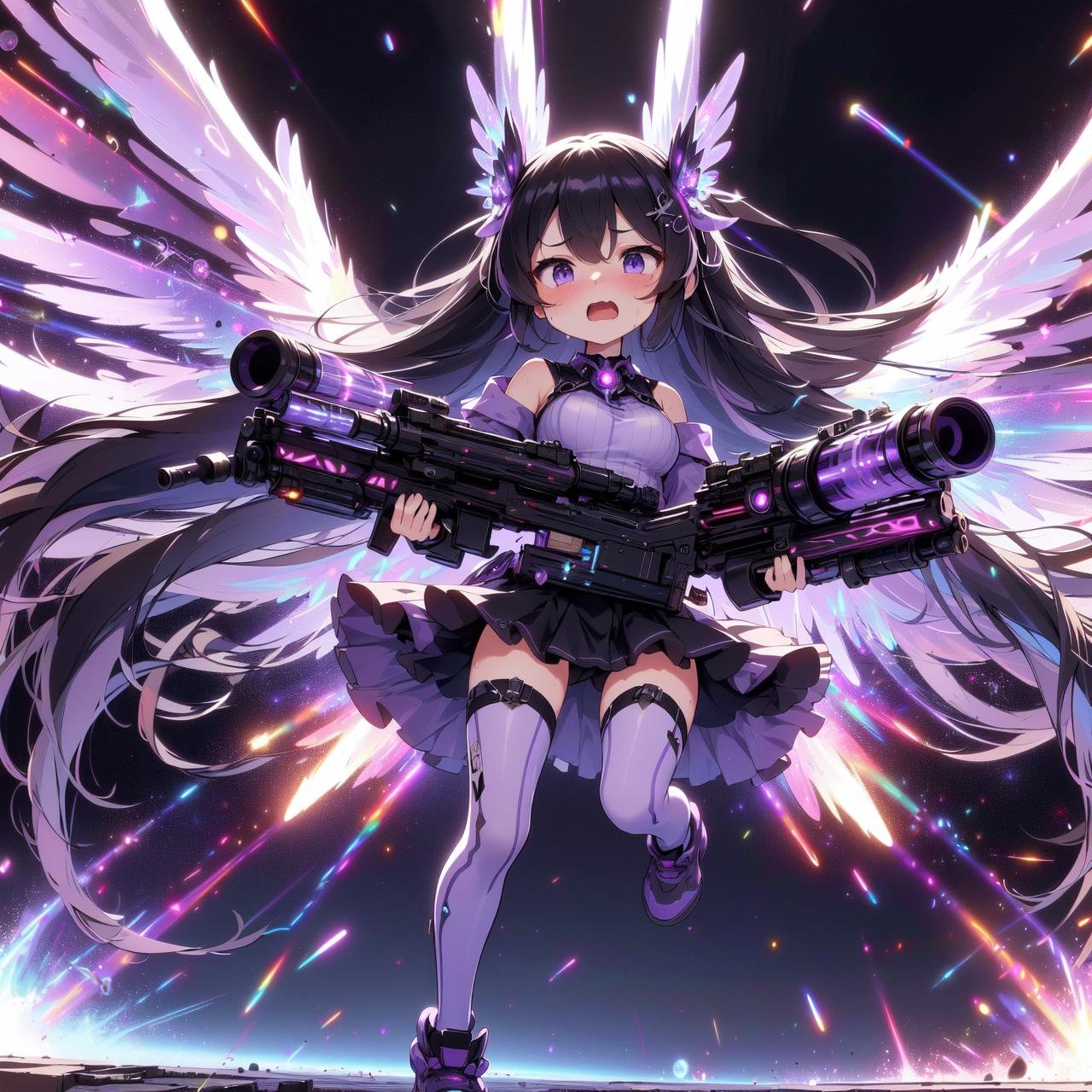 (((masterpiece))), (((best quality))), (((from behind))), (((full body))), (((from below))), ((dual wielding twin buster rifle)), (((huge gatling gun))), (((colorful huge beam impact))), (((firing))), (((glowing))), (((power)), (((electricity))), ((colorful mechanical wings)), (((light purple strap tight suit))), ((off shoulder)), skirt, ((leggings)), (((flying))), (((space))), earth \(planet\),  (((planet))), solo, 1girl, (((big tits))), black very long hair, hairclip, ribbon, open mouth, sweat, shy, blush, ((slim figure)), <lora:girllikebusterrifle:1>