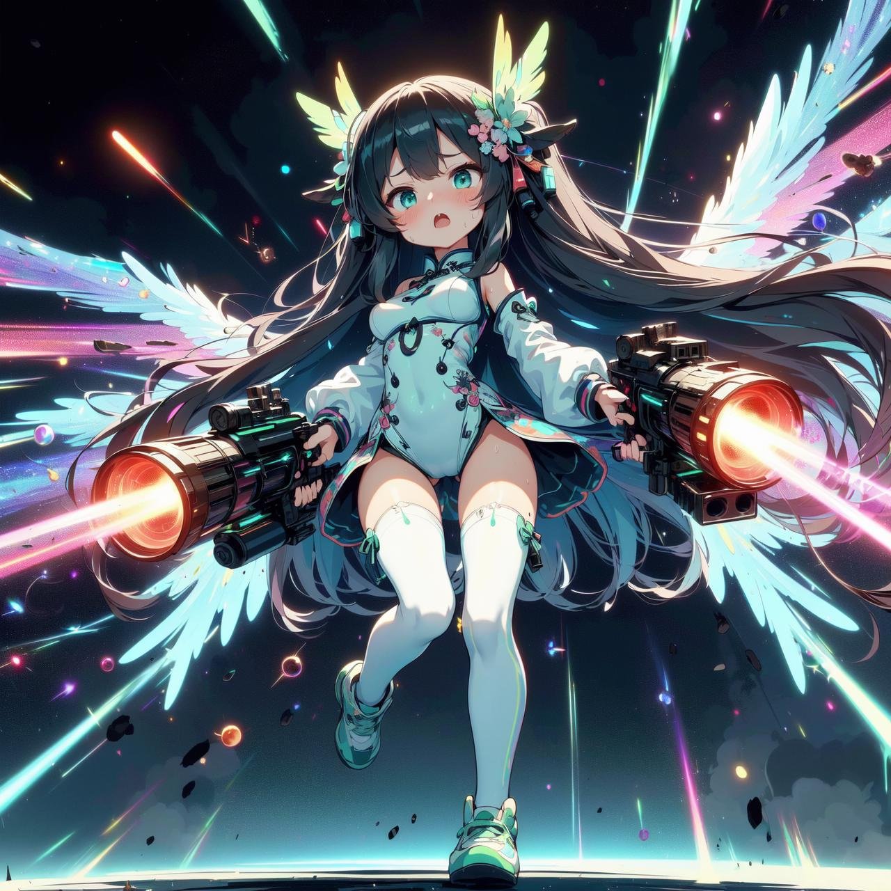 (((masterpiece))), (((best quality))), (((flying in space))), (((full body))), (((from below))), (((dual wielding twin buster rifle))), (((gatling gun))), (((colorful huge beam impact))), (((firing))), (((glowing))), (((power)), (((electricity))), ((colorful mechanical wings)), (((light mint green qipao tight suit))), ((off shoulder)), miniskirt, ((leggings)), earth \(planet\),  (((planet))), solo, 1girl, (((big tits))), black very long hair, hairclip, ribbon, open mouth, sweat, shy, blush, ((slim figure)), <lora:girllikebusterrifle:0.95>