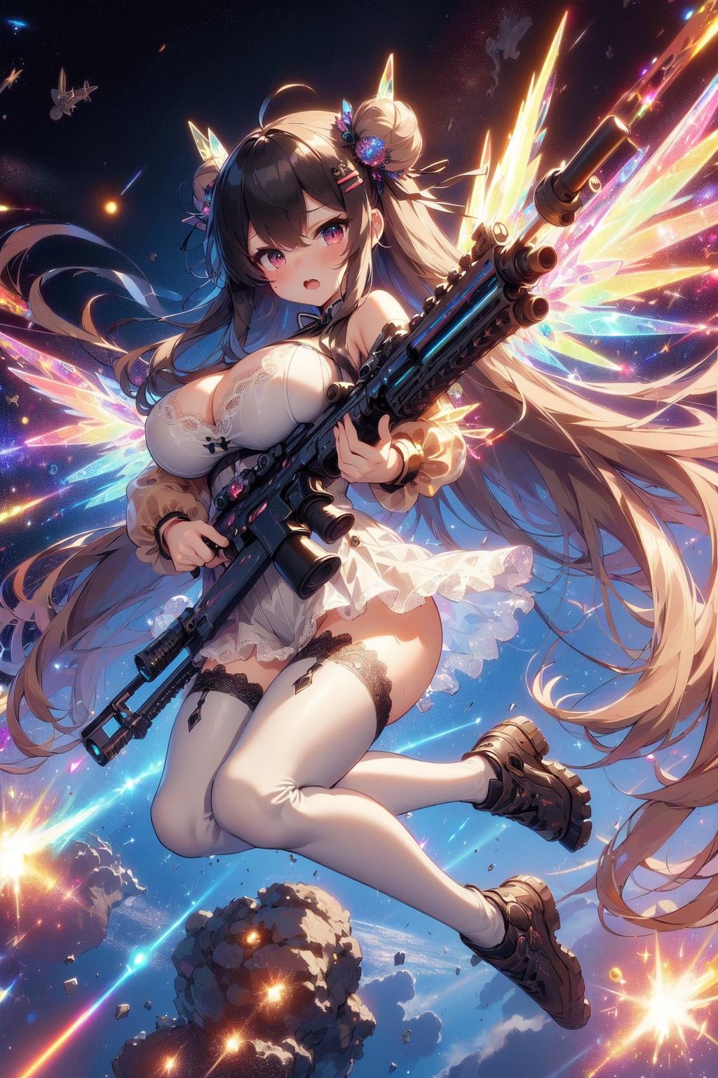 (((masterpiece))), (((best quality))), (((full body))), (((looking at viewer))), (((dual wielding twin buster rifle))), (((magnum sniper rifle))), (((colorful crystal huge beam impact))), (((firing))), (((glowing))), (((power)), (((electricity))), ((crystal colorful mechanical wings)), (((beige gothic lace see-through tight suit))), ((off shoulder)), skirt, ((leggings)), (((space))), earth \(planet\), (((high sky))), (((planet))), solo, 1girl, cleavage, (((big tits))), very long hair, black twin bun hair, hairclip, ribbon, open mouth, sweat, shy, blush, ((slim figure)), <lora:girlliketwinbusterrifle:1>