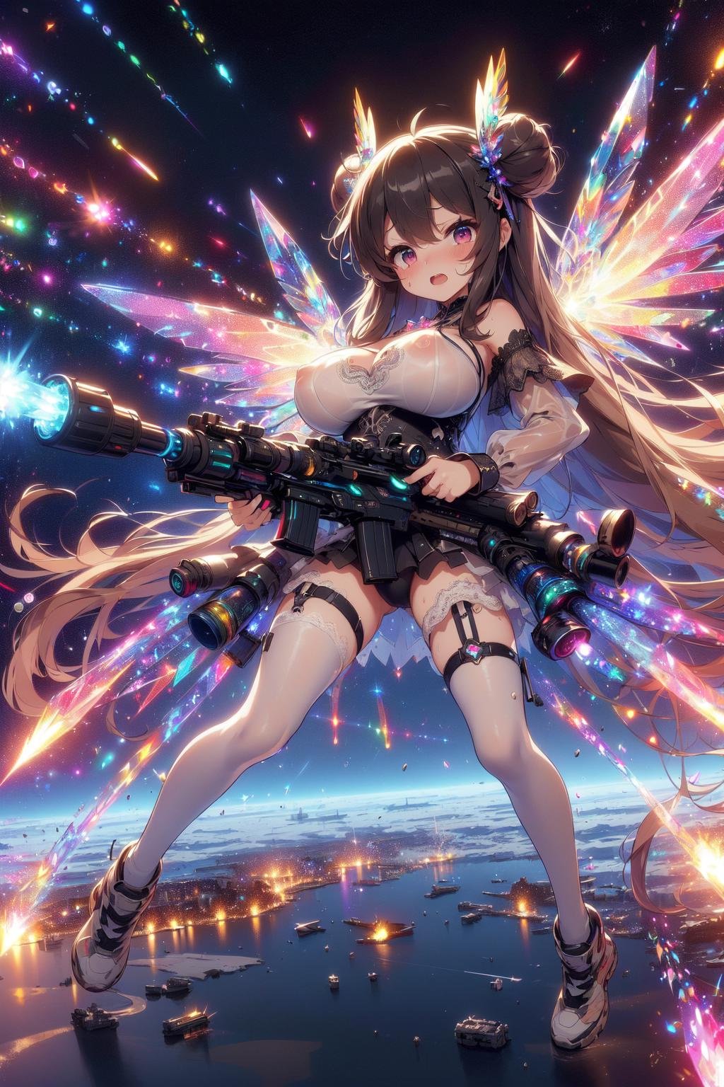 (((masterpiece))), (((best quality))), (((full body))), (((looking at viewer))), (((dual wielding twin buster rifle))), (((magnum sniper rifle))), (((colorful crystal huge beam impact))), (((firing))), (((glowing))), (((power)), (((electricity))), ((crystal colorful mechanical wings)), (((beige gothic lace see-through tight suit))), ((off shoulder)), skirt, ((leggings)), (((space))), earth \(planet\), (((high sky))), (((planet))), solo, 1girl, cleavage, (((big tits))), very long hair, black twin bun hair, hairclip, ribbon, open mouth, sweat, shy, blush, ((slim figure)), <lora:girlliketwinbusterrifle:1>