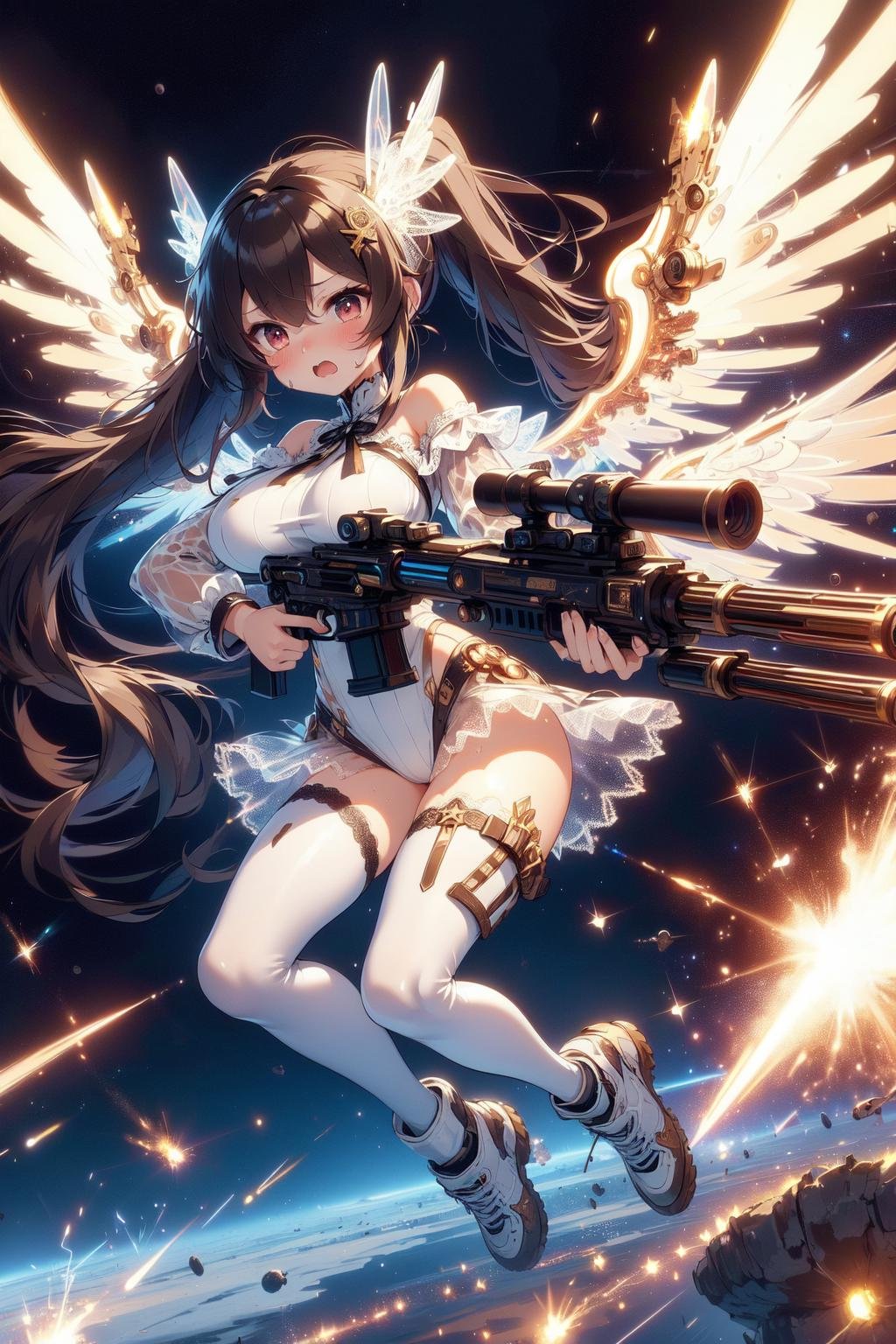 (((masterpiece))), (((best quality))), (((full body))), (((facing viewer))), (((dual wielding twin buster rifle))), (((magnum sniper rifle))), (((golden huge beam impact))), (((firing))), (((glowing))), (((power)), (((electricity))), ((white mechanical wings)), (((white gothic lace see-through tight suit))), ((off shoulder)), skirt, ((leggings)), (((flying))), (((space))), earth \(planet\), (((planet))), solo, 1girl, (((big tits))), very long hair, brown ponytail, hairclip, ribbon, open mouth, sweat, shy, blush, ((slim figure)), <lora:girlliketwinbusterrifle:1>