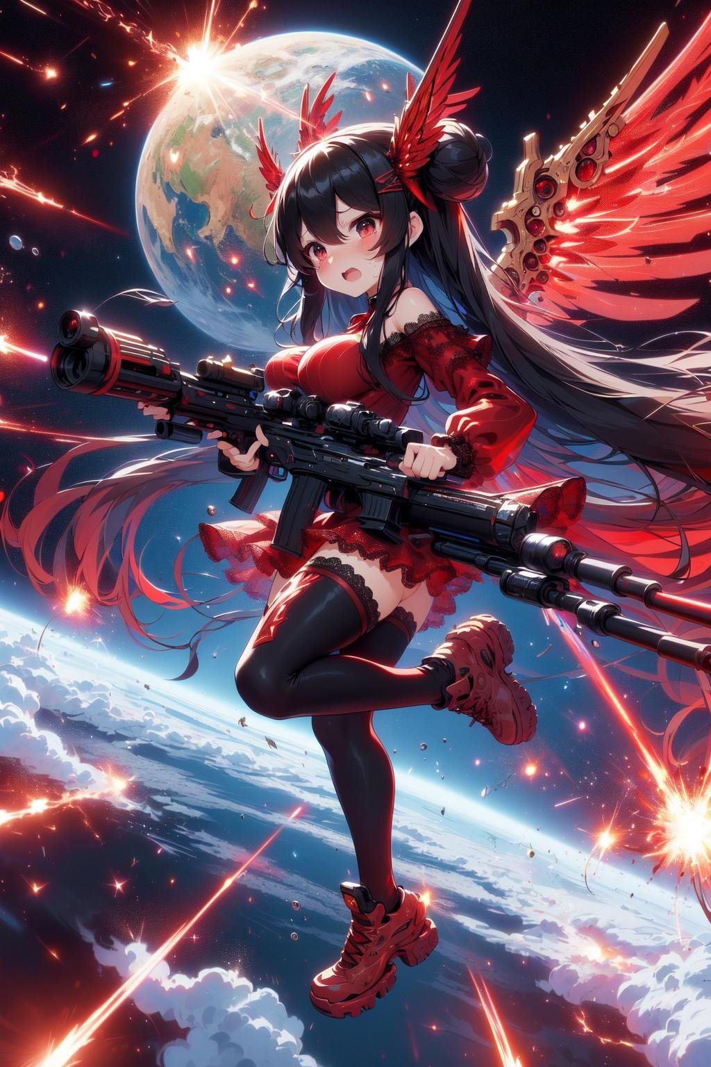 (((masterpiece))), (((best quality))), (((full body))), (((outstretched fist dual wielding twin buster rifle))), (((magnum sniper rifle))), (((golden huge beam impact))), (((firing))), (((glowing))), (((power)), (((electricity))), (((red mechanical wings))), (((red gothic lace see-through tight suit))), ((off shoulder)), skirt, ((leggings)), (((flying))), (((space))), earth \(planet\), (((planet))), solo, 1girl, (((big tits))), very long hair, black twin bun hair, hairclip, ribbon, open mouth, sweat, shy, blush, ((slim figure)), <lora:girlliketwinbusterrifle:1>