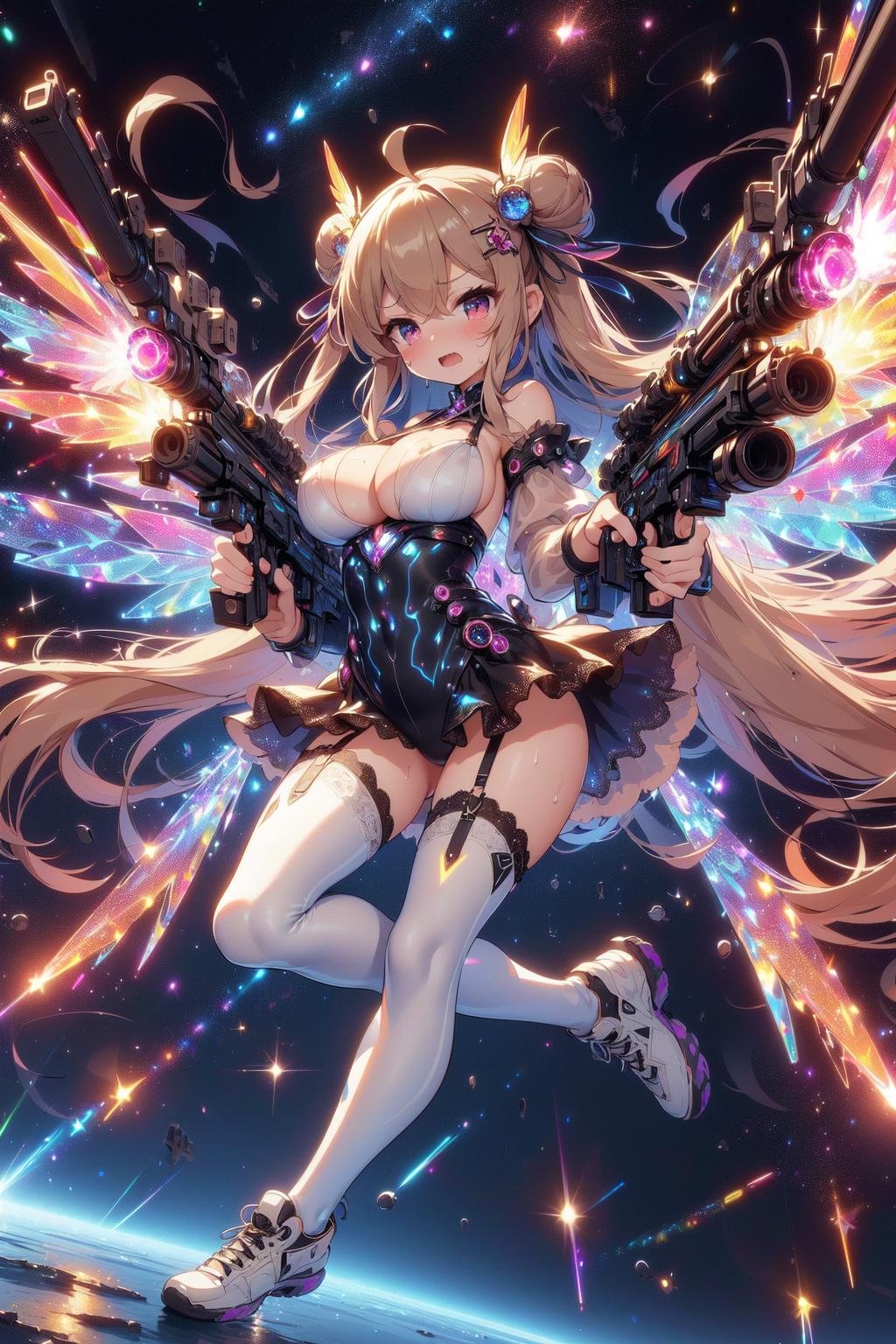 (((masterpiece))), (((best quality))), (((full body))), (((looking at viewer))), (((dual wielding twin buster rifle))), (((magnum sniper rifle))), (((colorful crystal huge beam impact))), (((firing))), (((glowing))), (((power)), (((electricity))), ((crystal colorful mechanical wings)), (((beige gothic lace see-through tight suit))), ((off shoulder)), skirt, ((leggings)), (((floating))), (((space))), earth \(planet\), (((high sky))), (((planet))), solo, 1girl, cleavage, (((big tits))), very long hair, black twin bun hair, hairclip, ribbon, open mouth, sweat, shy, blush, ((slim figure)), <lora:girlliketwinbusterrifle:1>