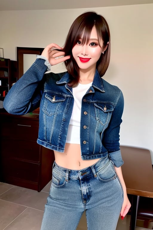 beautiful detailed eyes, tight jeans, tight cropped small denim jacket, punk girl make-up, red lips, posing very sexy and flirting in her apartment, realistic, kairi sane hairstyle, kairi sane face