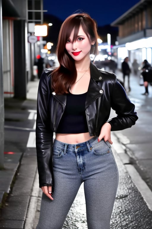 beautiful detailed eyes, tight jeans, tight cropped small denim jacket, punk girl make-up, red lips, posing very sexy and flirting in a street at night, realistic, kairi sane hairstyle, kairi sane face