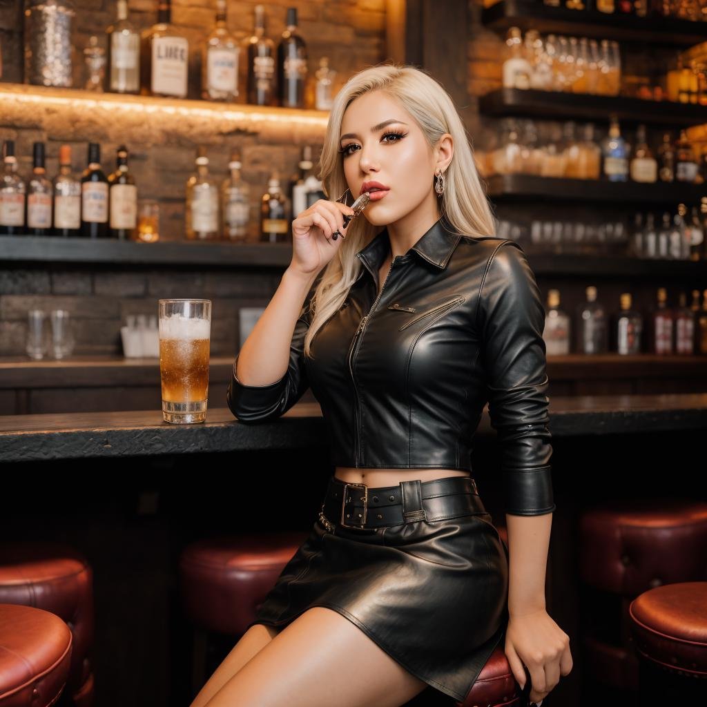 <lora:()Alissa White-Gluz:0.8> @li$$a_girl, leather shirt, flowing skirt, sitting on a bar stool, drinking from a glass in a well-lit bar, dynamic lighting, photorealistic, 8k uhd natural lighting, raw, rich, intricate details, key visual, atmospheric lighting, 35mm photograph, film, bokeh, professional, 4k, highly detailed,