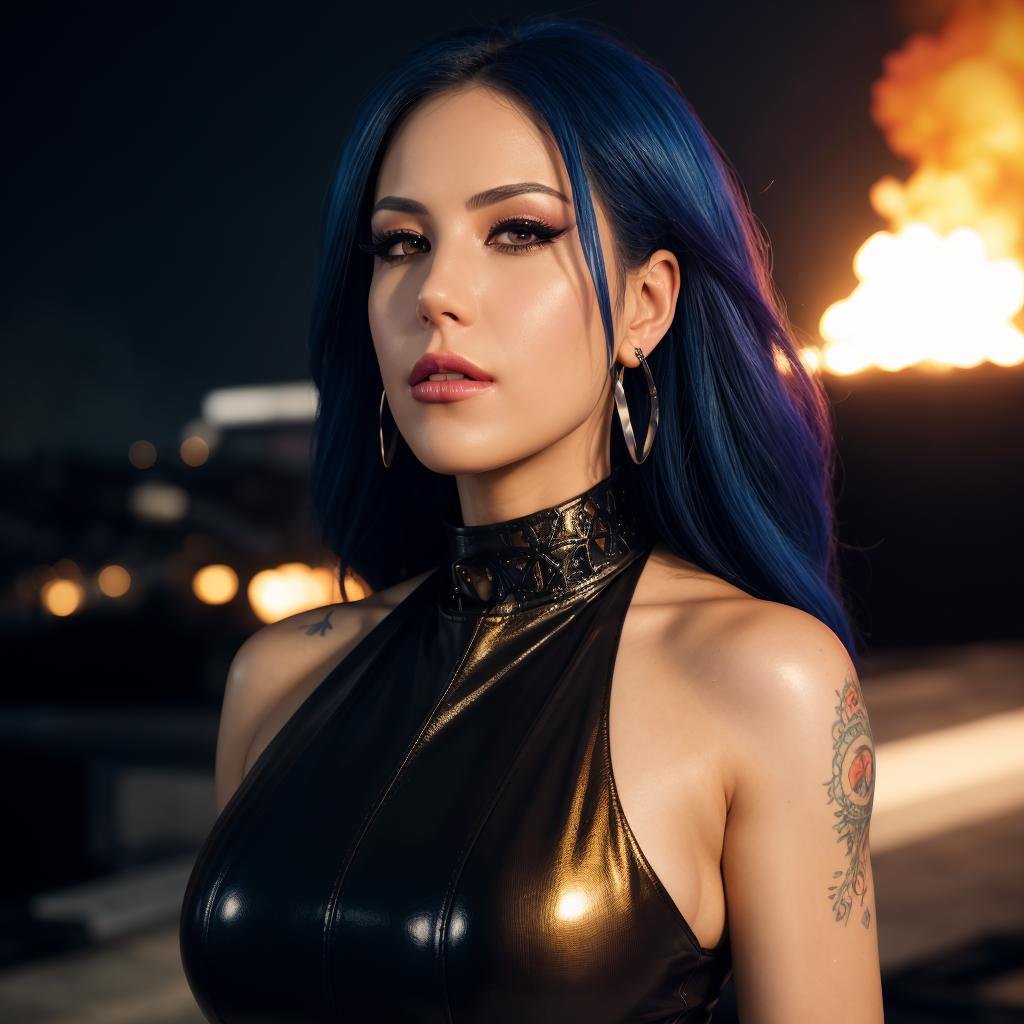 <lora:()Alissa White-Gluz:0.9> @li$$a_girl, sleek leather halter neck dress, fires and chaos in the background, depth of field bokeh,  (masterpiece) (best quality) (detailed) (8k) (wallpaper) (cinematic lighting) (sharp focus) (intricate), perfect, portrait , hyper detailed, amazing background, highly defined details 32k UHD, lifelike photo,