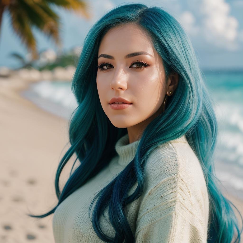 <lora:()Alissa White-Gluz:0.9> @li$$a_girl,  wearing a sweater, glamourous hair, depth of field, bokeh, morning tropical beach (masterpiece) (best quality) (detailed) (8k) (wallpaper) (cinematic lighting) (sharp focus) (intricate),