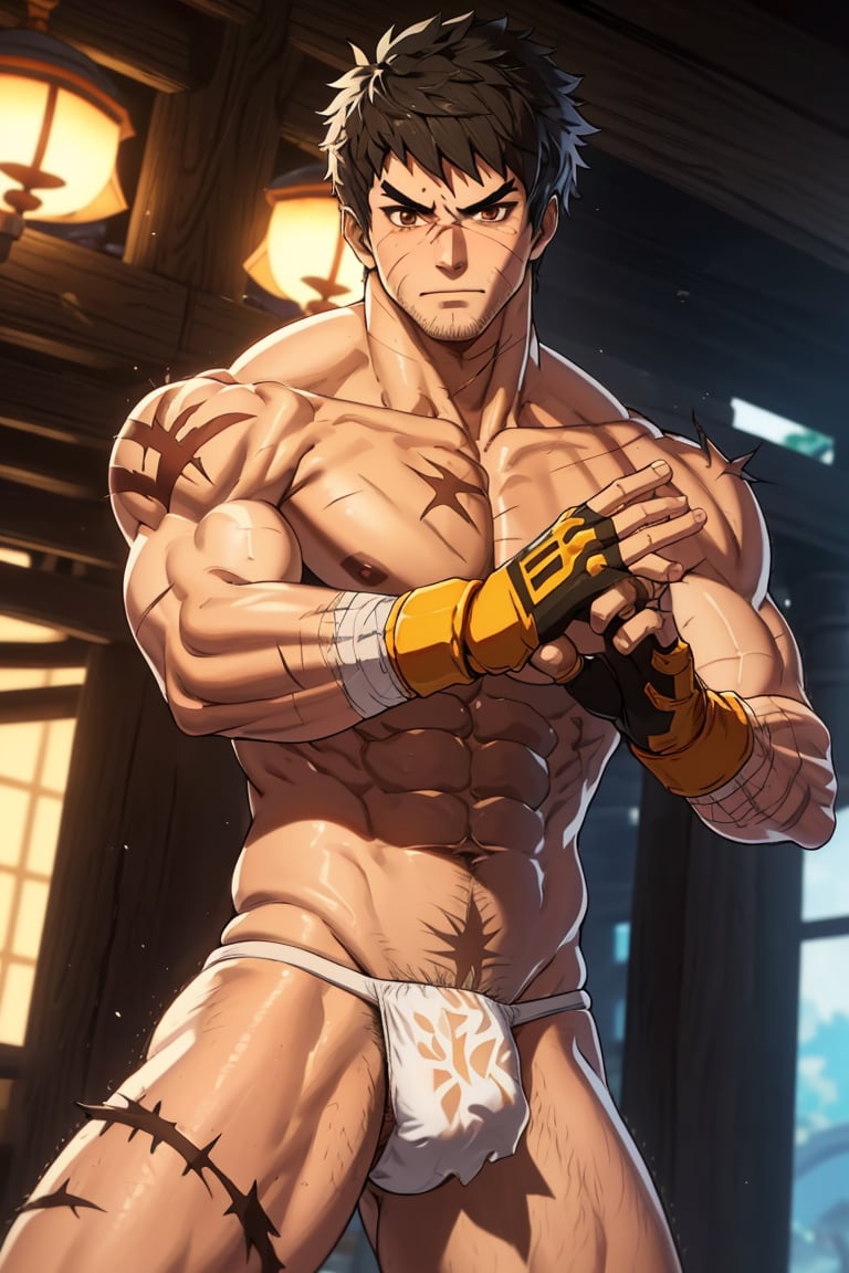 solo male, Grappler, Dungeon Fighter Online, black hair, short hair, brown eyes, thick eyebrows, forked eyebrows, stubble, scars on face, scar on cheek, scar on chest, pectoral cleavage, complete topless. shirtless, bottomless, (white fundoshi), yellow fingerless gloves, barefoot, bandaged hand, bare shoulder, bare arms, toned male, mature, handsome, charming, alluring, erotic, (blush, shy),fighting stance
,  upper body, perfect anatomy, perfect proportions, ((perfect eyes, perfect, parfect fingers)), best quality, masterpiece, high_resolution, dutch angle, photo background